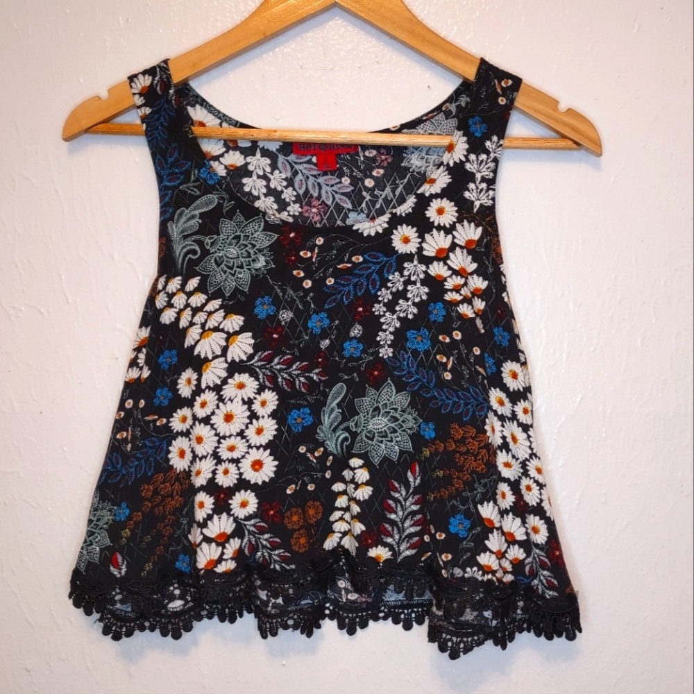 Black Floral Whimsigoth / Cottagecore Crop‎ Tank Top Hit Kiss Large